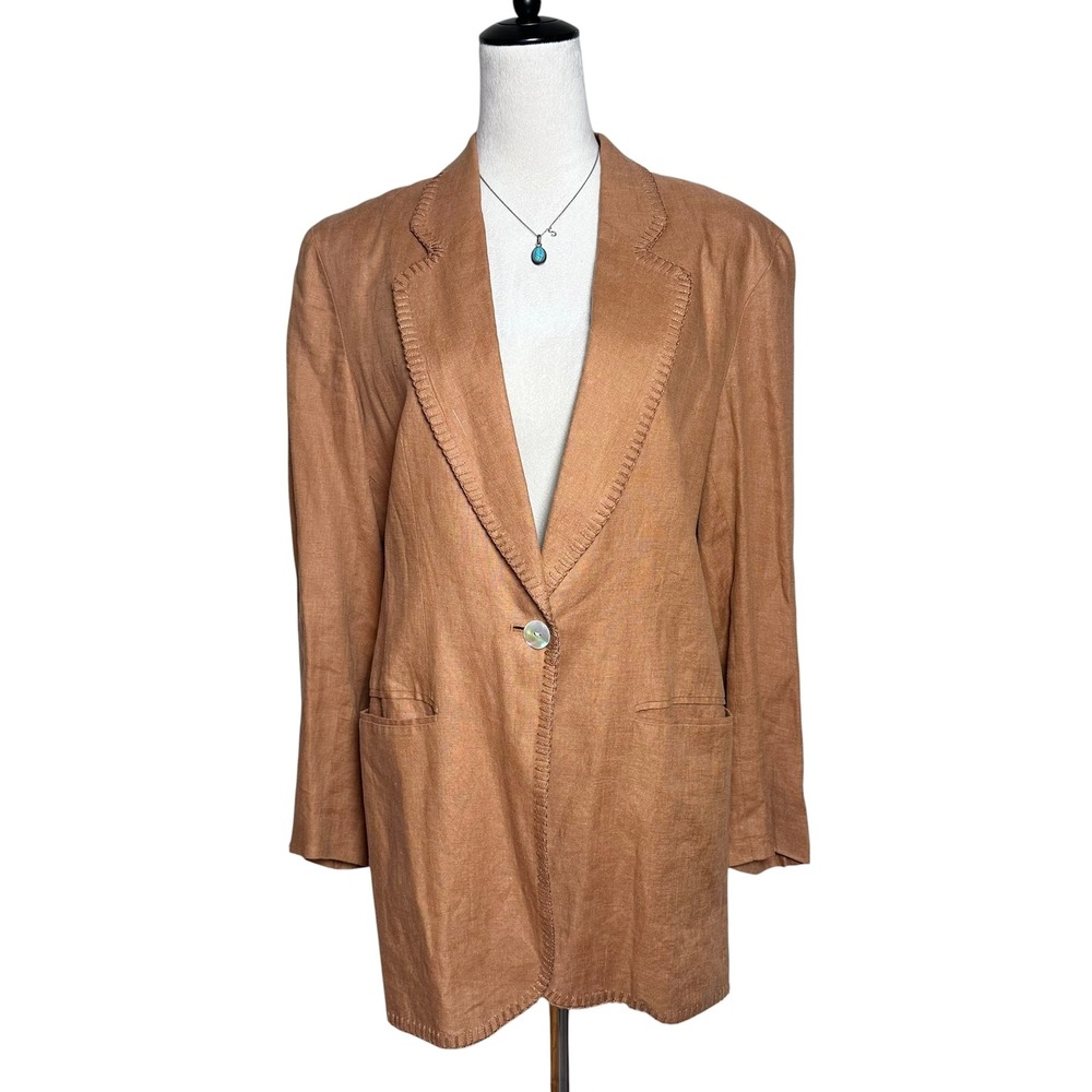 Vintage Henri Bendel Terracotta Linen Whipstitch Tan Blazer Jacket Size 6